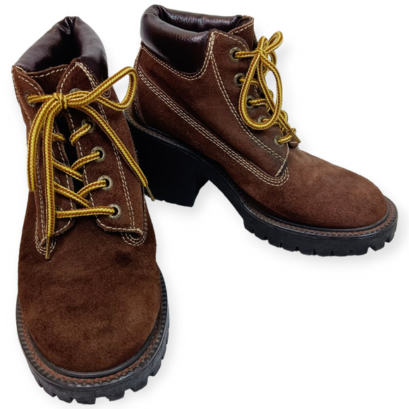 On Your Feet SZ 8 Kitt Work Boot Style Chunky Brown 100% Genuine Suede Boots - Picture 3 of 9